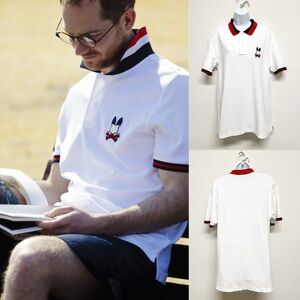 Psycho Bunny Mens Navy Red Collar White Short Sleeve Britania Polo Shirt Size L